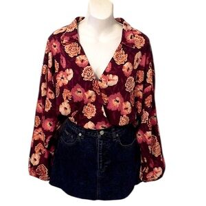 Floral Long sleeve Blouse Brown Pink Faux Wrap V Neck Collared Cropped Top Sz M